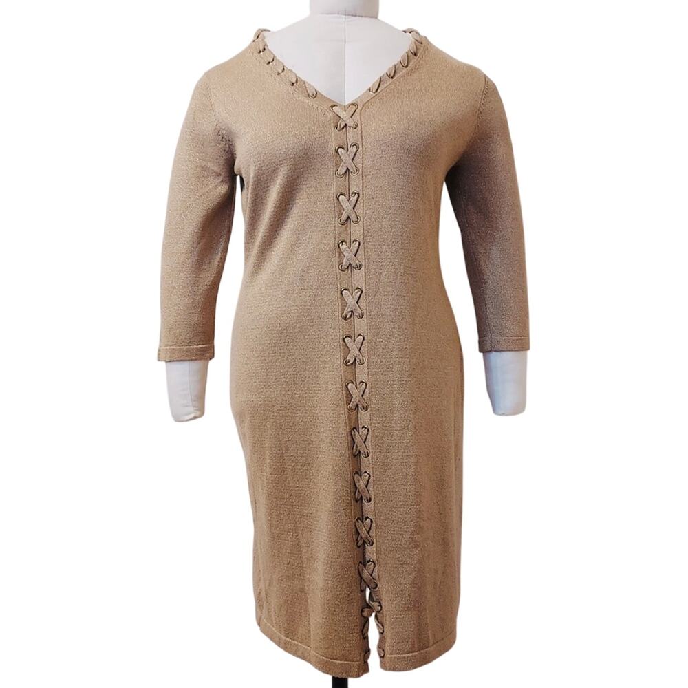 Allison Brittney Sparkly Metallic Gold Lace Bodycon 3/4 Sleeve Sweater Dress XL